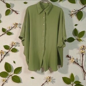 Lime Green Women's Short Dolman Sleeves Button-down, Collared Shirt Size 3X